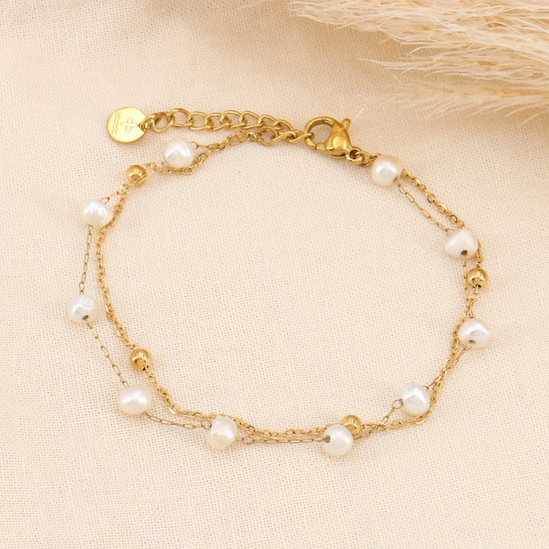 Bracelet layering acier et perles d'eau douce véritables GAIA doré