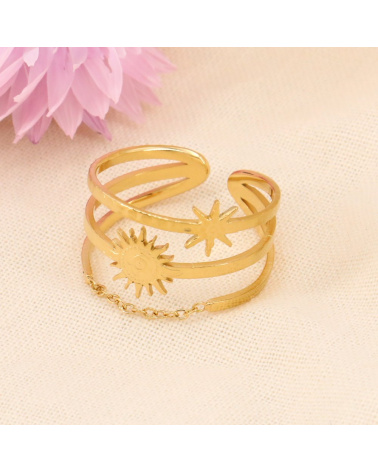 Bague trois rangs soleil, étoile et chaînette en acier GHALIA doré