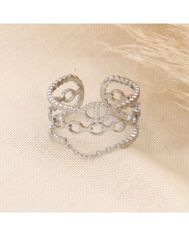 Bague trois rangs maillons et chaînette acier GIANNA argenté