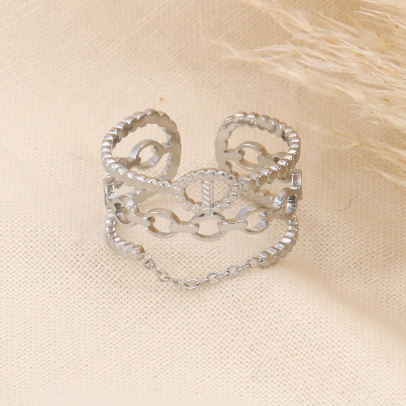Bague trois rangs maillons et chaînette acier GIANNA argenté