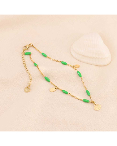Chaîne de cheville perles résine et coquillage acier GIULIETTA vert