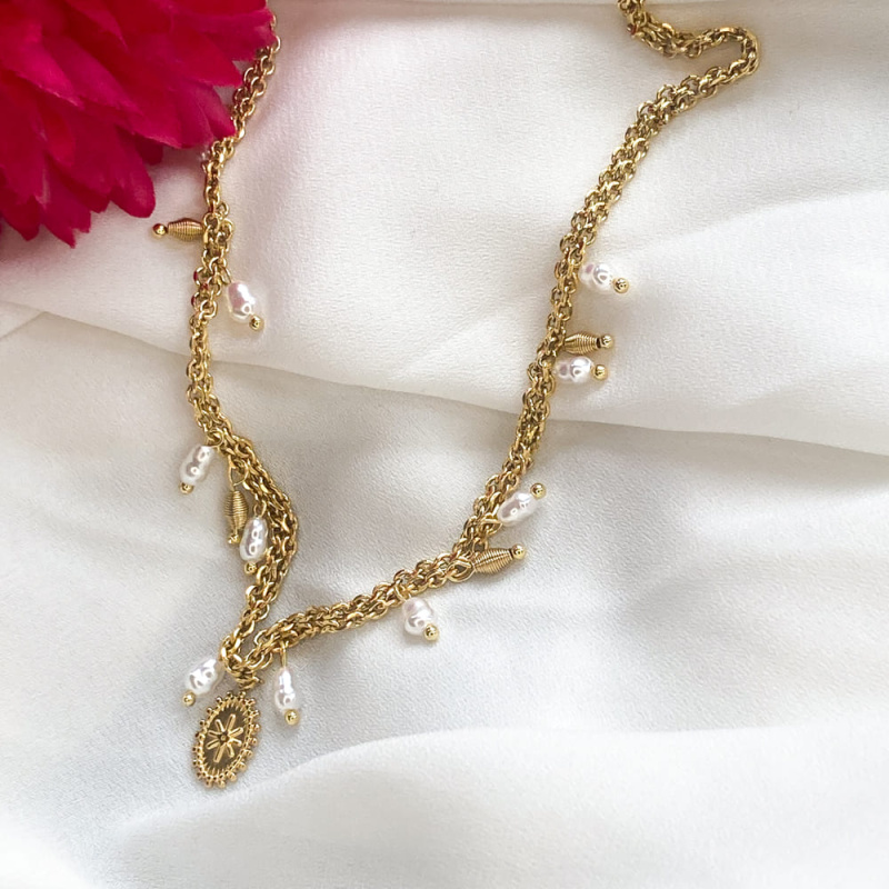 Collier acier bohème perles véritables GARMIA