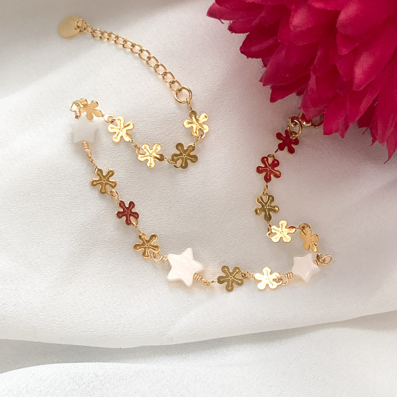 Bracelet fleurs acier et étoiles en nacre GAELLE