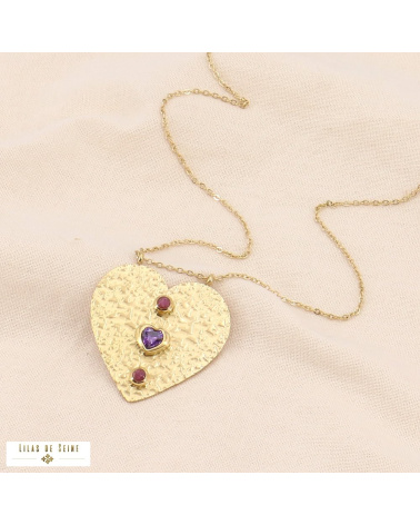 Collier long pendentif coeur en acier inoxydable et strass GLADICE violet