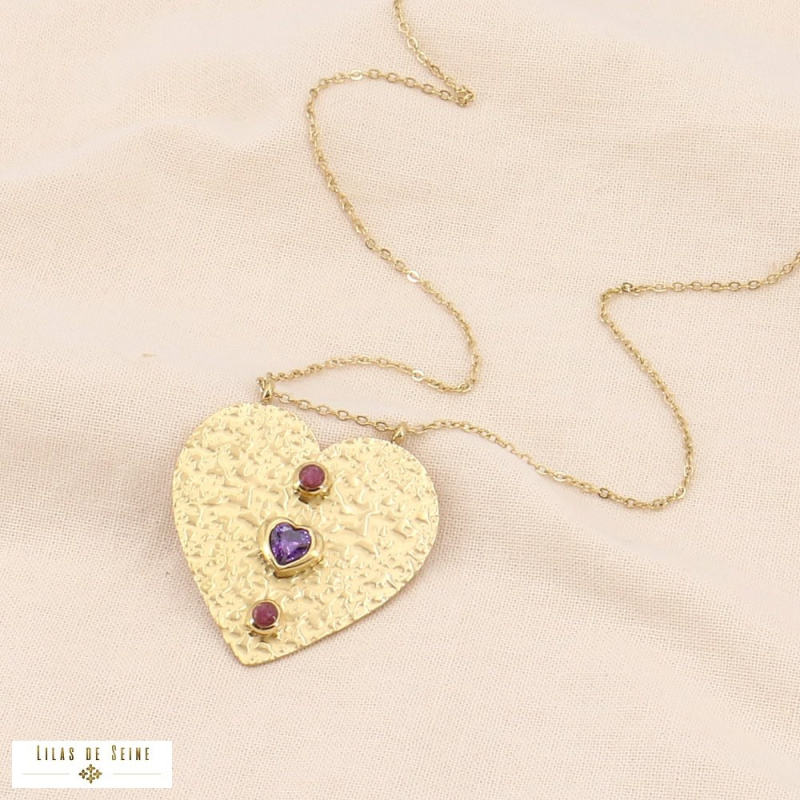 Collier long pendentif coeur en acier inoxydable et strass GLADICE violet