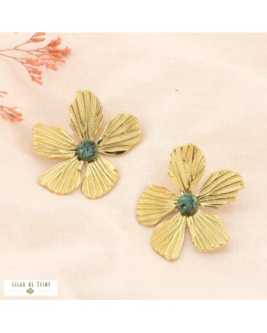 Boucles d'oreilles hibiscus en acier doré et pierres naturelles GUIDA vert kaki