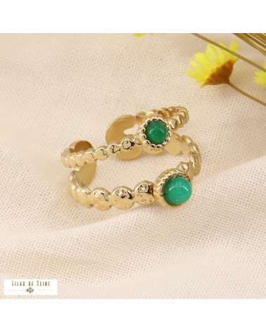 Bague double-anneaux en acier doré et pierres véritables GERALDINE vert