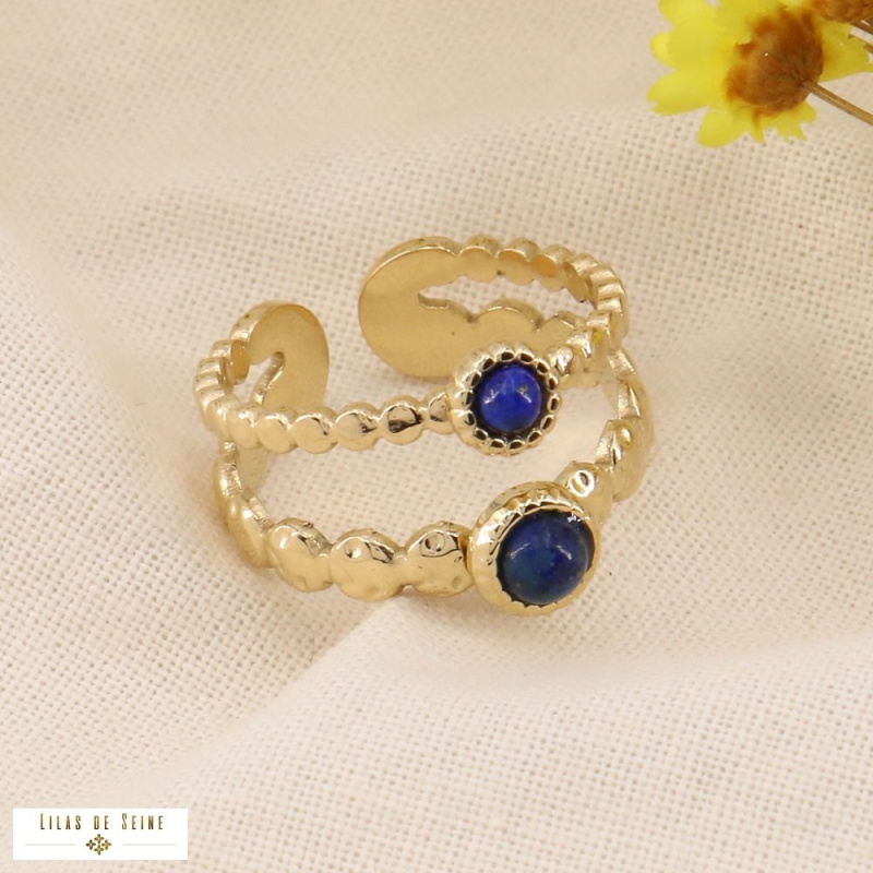 Bague double-anneaux en acier doré et pierres véritables GERALDINE bleu foncé