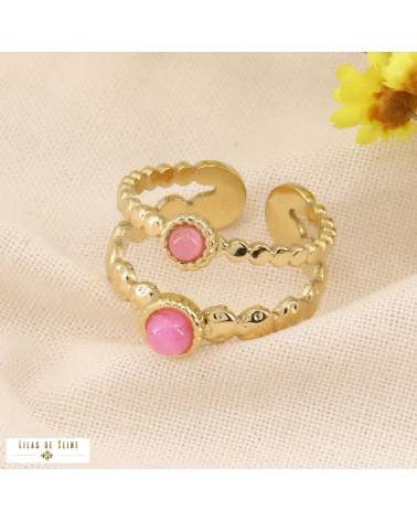 Bague double-anneaux en acier doré et pierres véritables GERALDINE rose