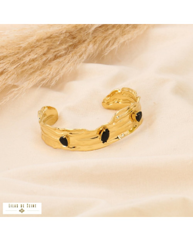 Bracelet jonc ajustable en acier doré et strass colorés HENIA noir