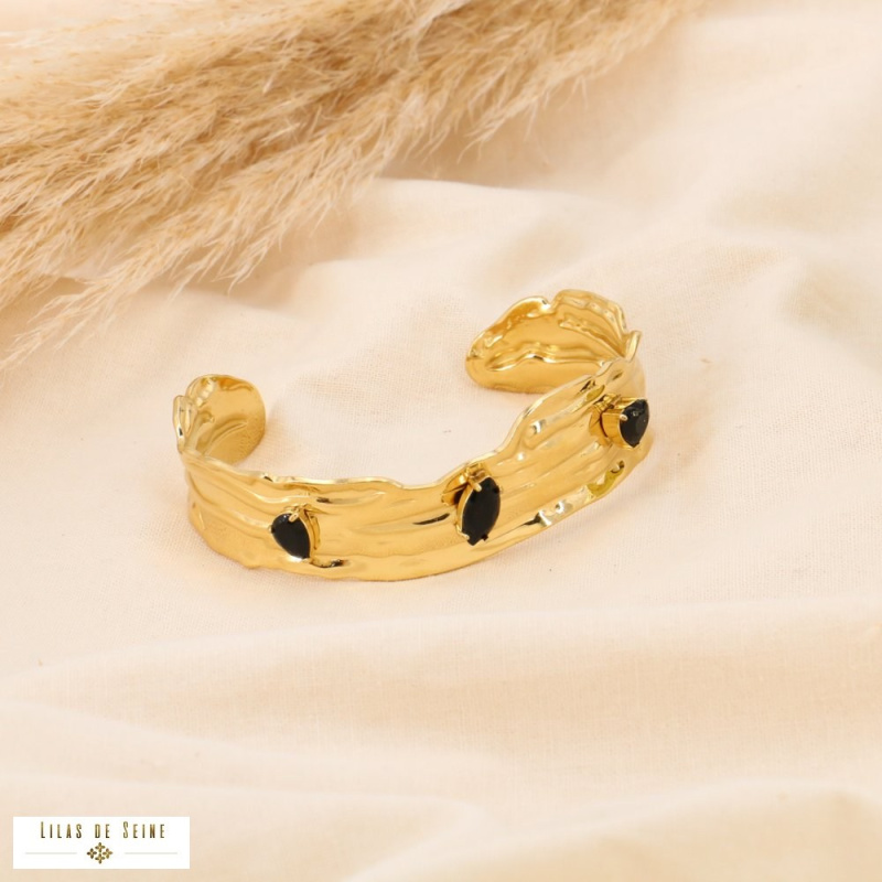 Bracelet jonc ajustable en acier doré et strass colorés HENIA noir