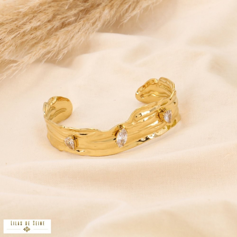 Bracelet jonc ajustable en acier doré et strass colorés HENIA blanc