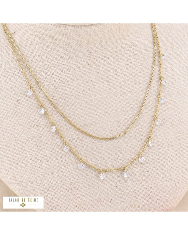 Collier court double-rangs en acier et perles strass HELIA blanc