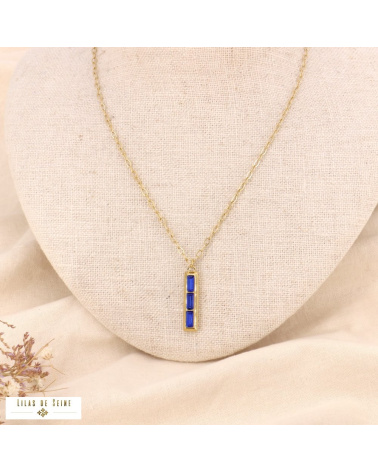 Collier pendentif strass rectangles et acier doré HELONA bleu foncé