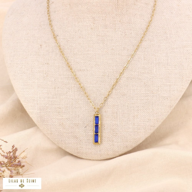 Collier pendentif strass rectangles et acier doré HELONA bleu foncé
