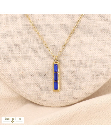 Collier pendentif strass rectangles et acier doré HELONA bleu foncé