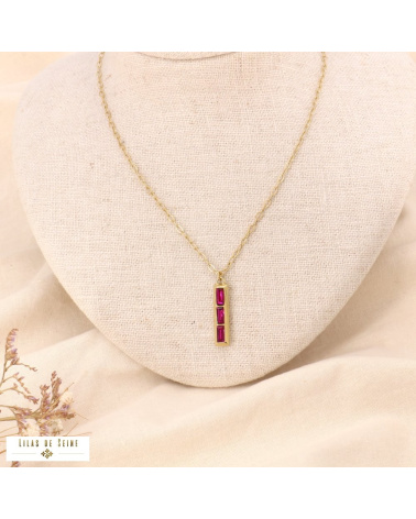 Collier pendentif strass rectangles et acier doré HELONA fushia