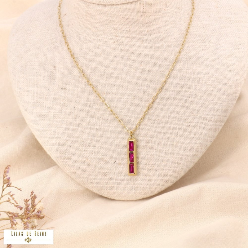Collier pendentif strass rectangles et acier doré HELONA fushia