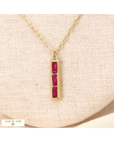 Collier pendentif strass rectangles et acier doré HELONA fushia