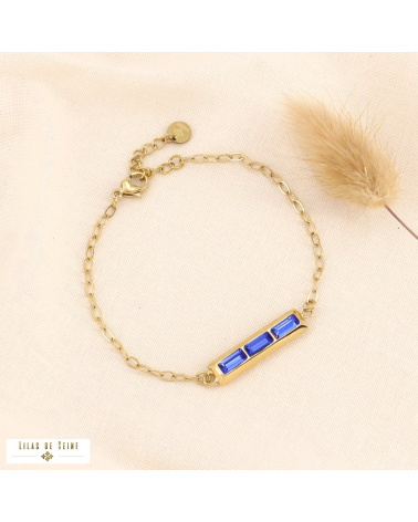 Bracelet barre en acier doré et strass HAZAL bleu foncé