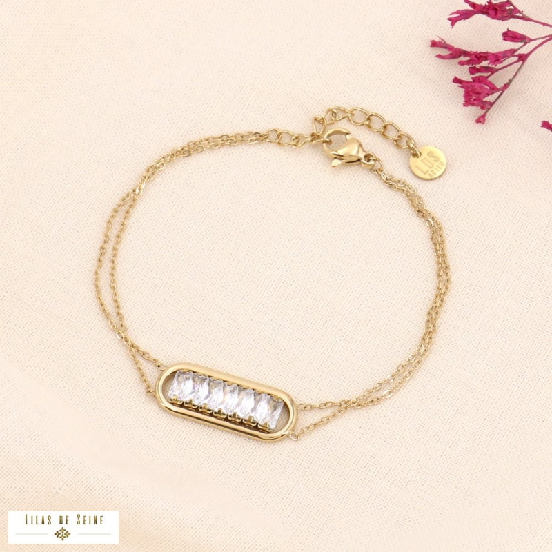 Bracelet double-chaînes en acier doré et strass HERMINA blanc