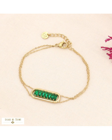 Bracelet double-chaînes en acier doré et strass HERMINA vert aqua