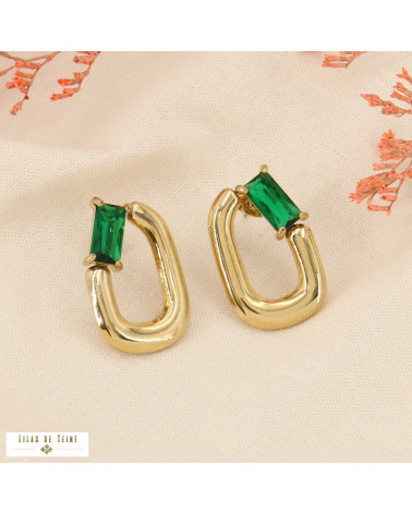 Boucles d'oreilles anneaux en acier et strass colorés HELIA vert