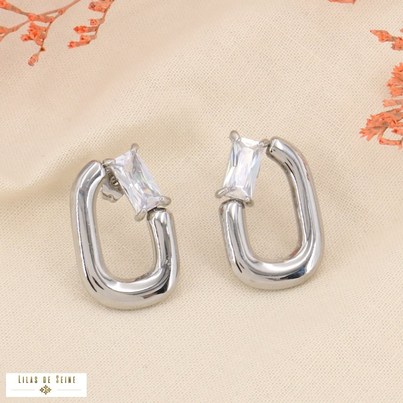 Boucles d'oreilles anneaux en acier et strass colorés HELIA argenté