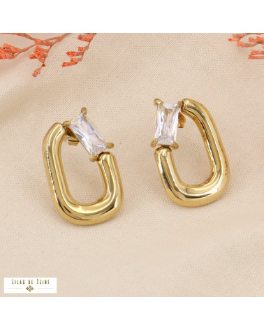 Boucles d'oreilles anneaux en acier et strass colorés HELIA blanc