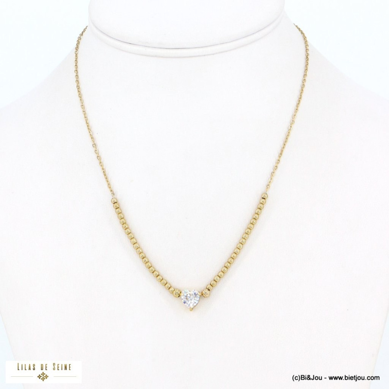 Collier pendentif coeur et billes en acier inoxydable IRIS doré