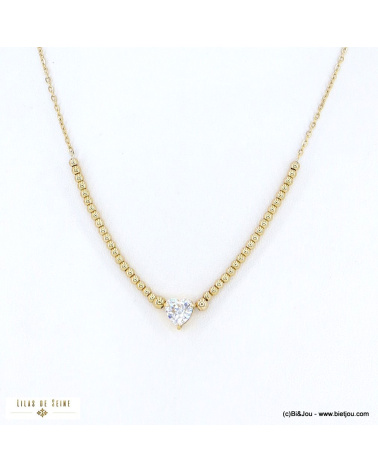 Collier pendentif coeur et billes en acier inoxydable IRIS doré