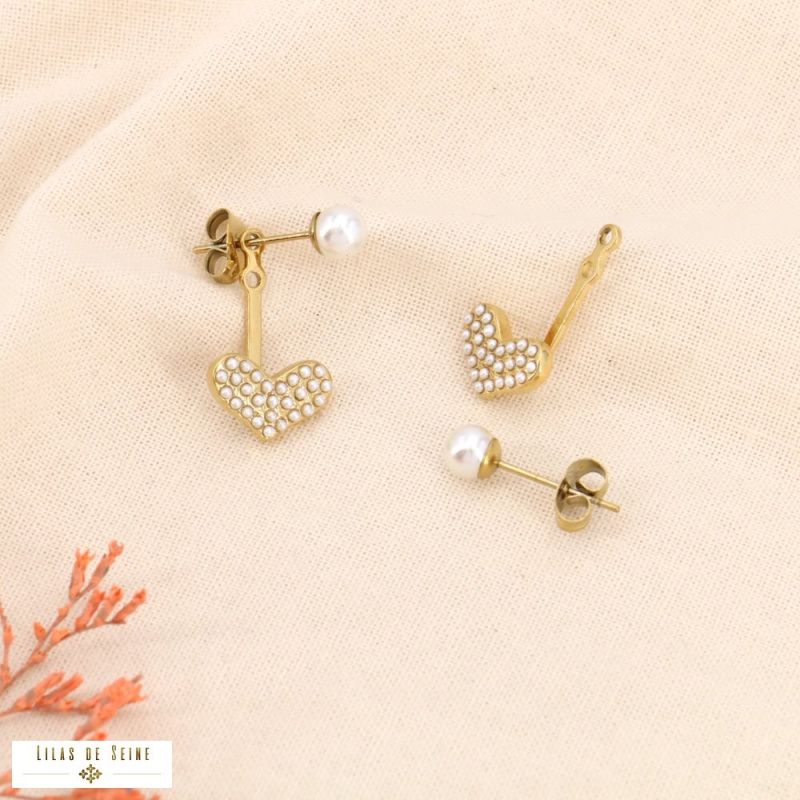 Boucles d'oreilles sous-lobe en acier inoxydable coeur ANNE naturel/beige