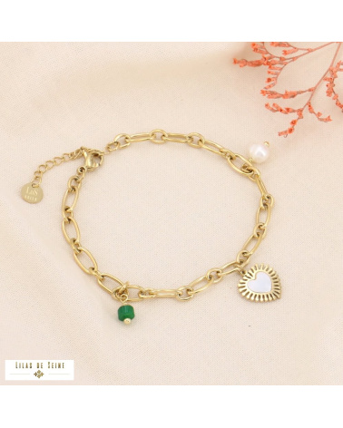 Bracelet acier breloques coeur nacre et perles eau douce HERMANDE vert foncé