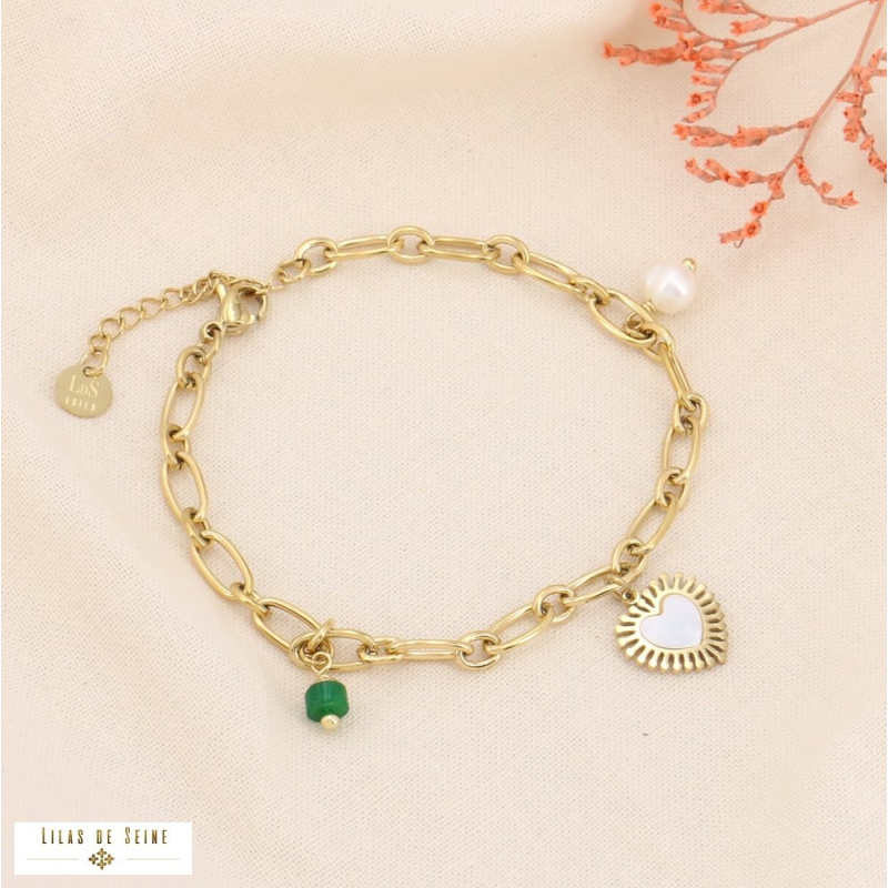 Bracelet acier breloques coeur nacre et perles eau douce HERMANDE vert foncé