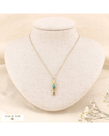 Collier en acier inoxydable avec talisman poisson SIENA bleu turquoise