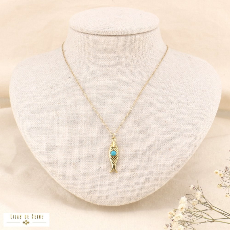 Collier en acier inoxydable avec talisman poisson SIENA bleu turquoise