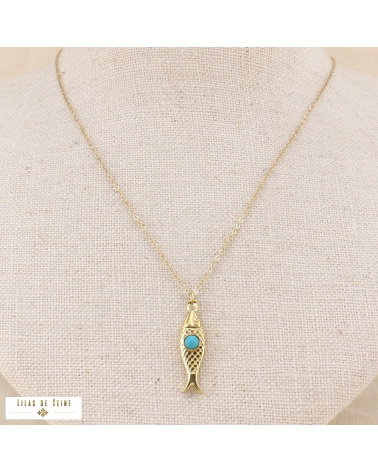 Collier en acier inoxydable avec talisman poisson SIENA bleu turquoise