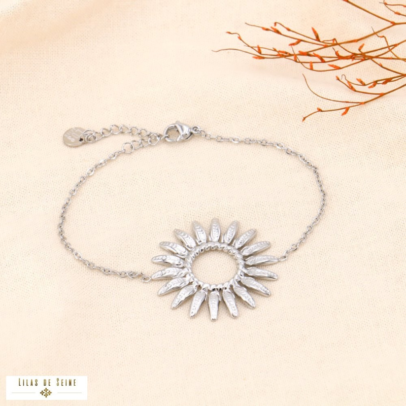 Bracelet en acier inoxydable avec pendentif fleur FIDJI argenté