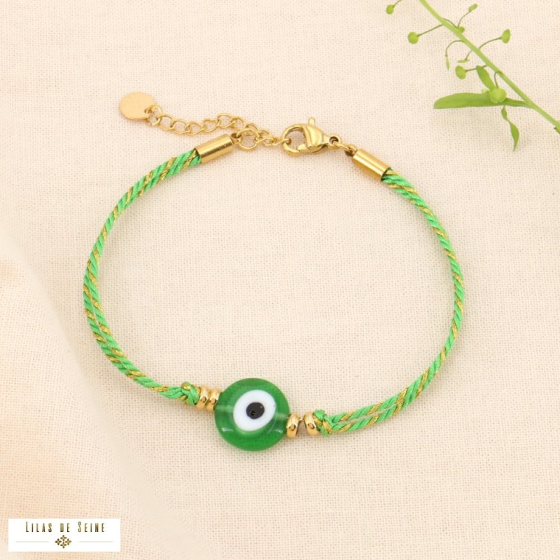 Bracelet double-rangs cordon coloré métallisé oeil chance IMAE vert