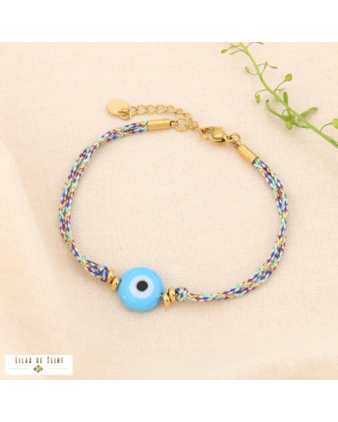 Bracelet double-rangs cordon coloré métallisé oeil chance IMAE bleu turquoise