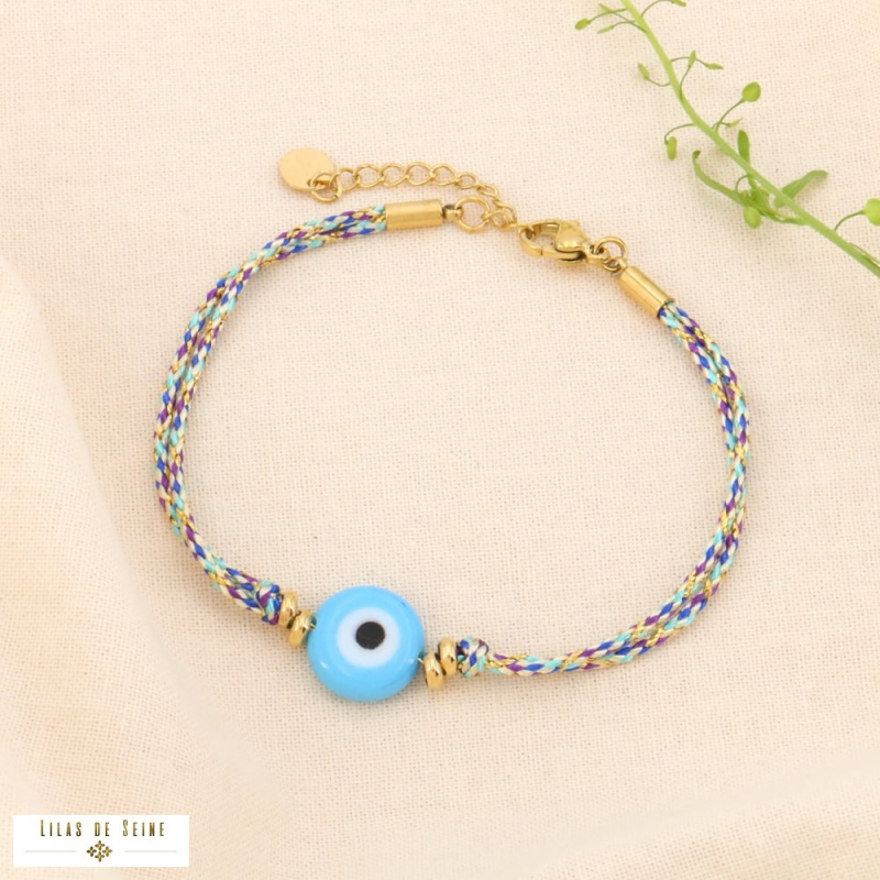 Bracelet double-rangs cordon coloré métallisé oeil chance IMAE bleu turquoise