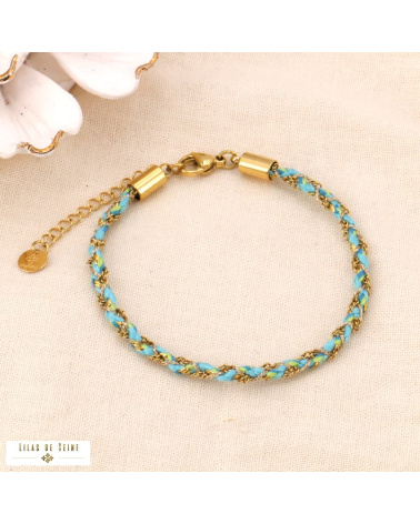 Bracelet cordon coloré tressé chaînette acier inoxydable GIADA bleu turquoise