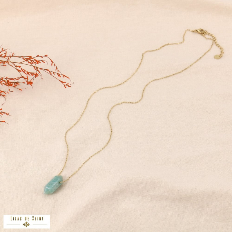 Collier acier inoxydable pendentif pointe pierre biseautée MILA vert