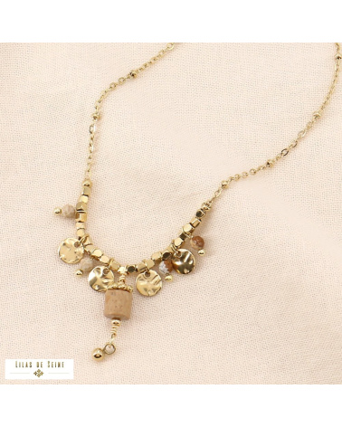 Collier acier inoxydable pampilles pierre naturelle disques LUNA naturel/beige