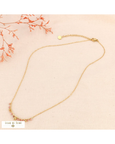 Collier acier inoxydable billes pierre naturelle LEANE rose