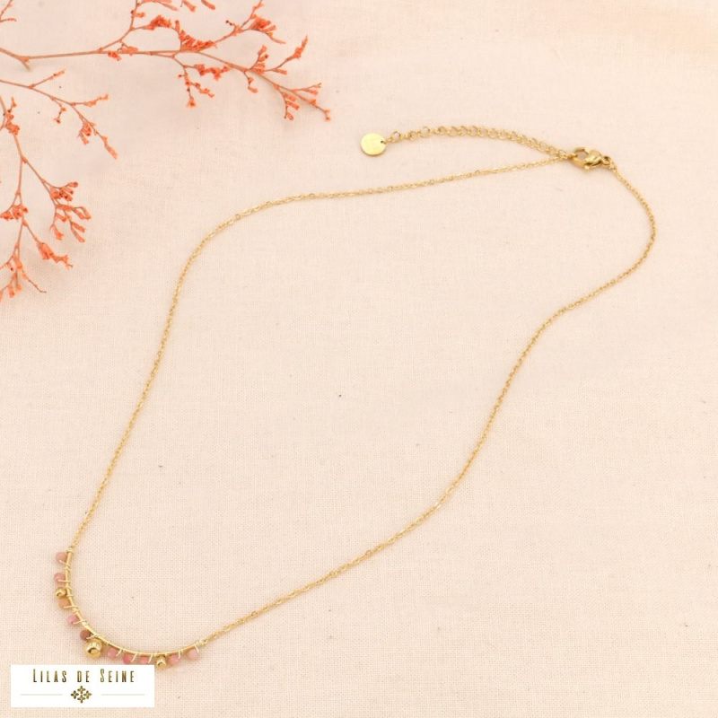 Collier acier inoxydable billes pierre naturelle LEANE rose