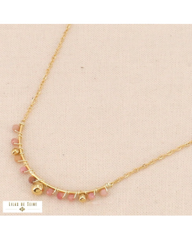 Collier acier inoxydable billes pierre naturelle LEANE rose