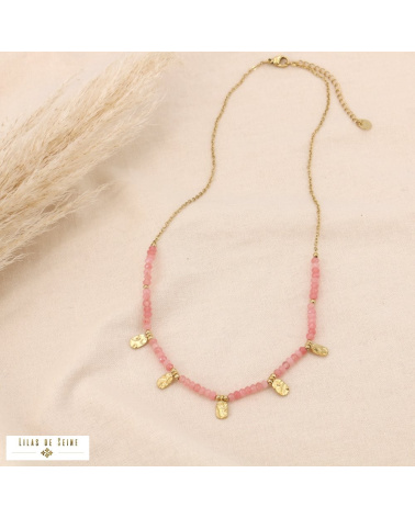 Collier pampilles acier inoxydable pierres naturelles facettées FLORE rose