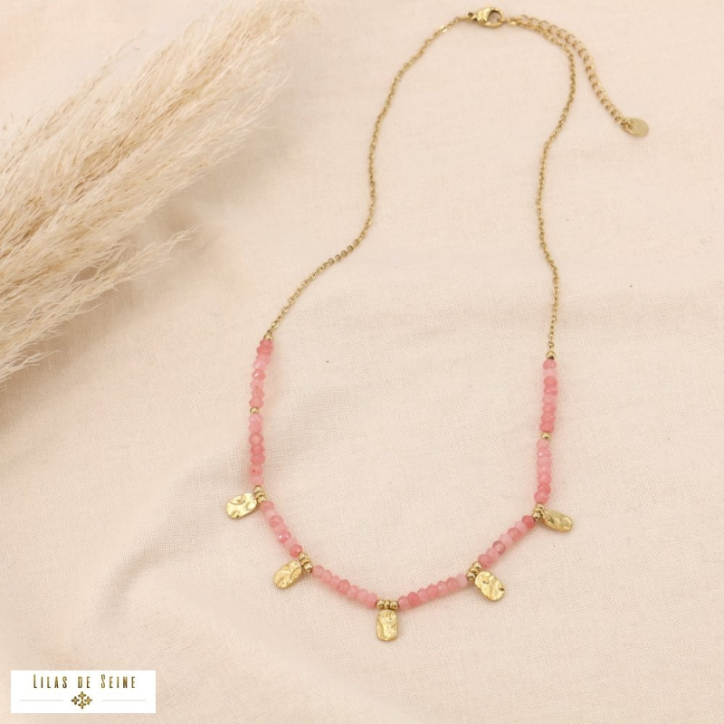 Collier pampilles acier inoxydable pierres naturelles facettées FLORE rose