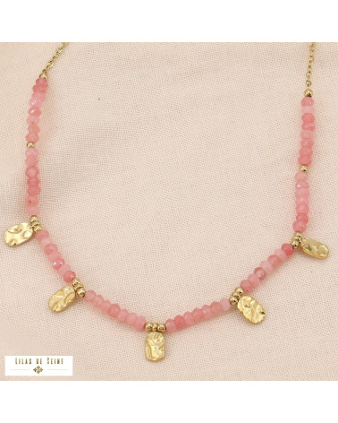 Collier pampilles acier inoxydable pierres naturelles facettées FLORE rose